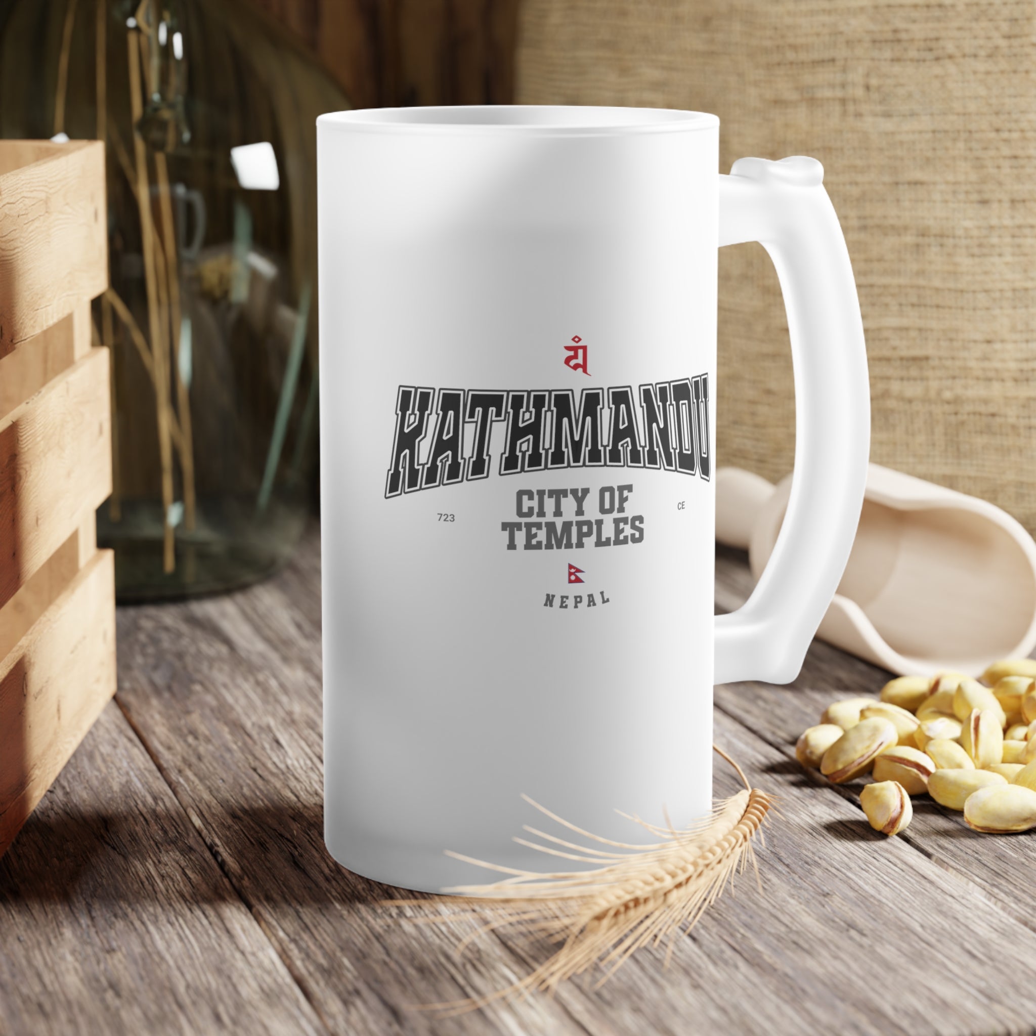 Kathmandu City of Temples Frosted Glass Beer Mug - Unique Gift for Beer Lovers