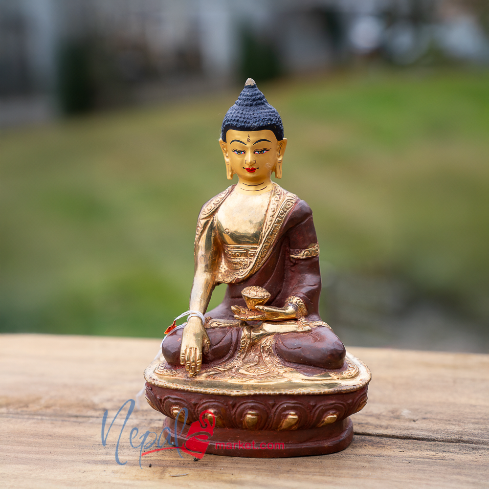 Handmade Medicine Buddha Statue, Premium Partly Gold Plated Finish, Face Painted